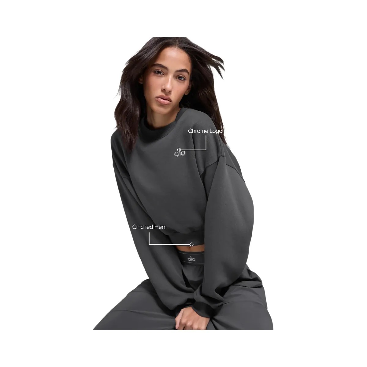 Alo Women's Cropped Accolade Crewneck - Anthracite - HypeFly India View 2