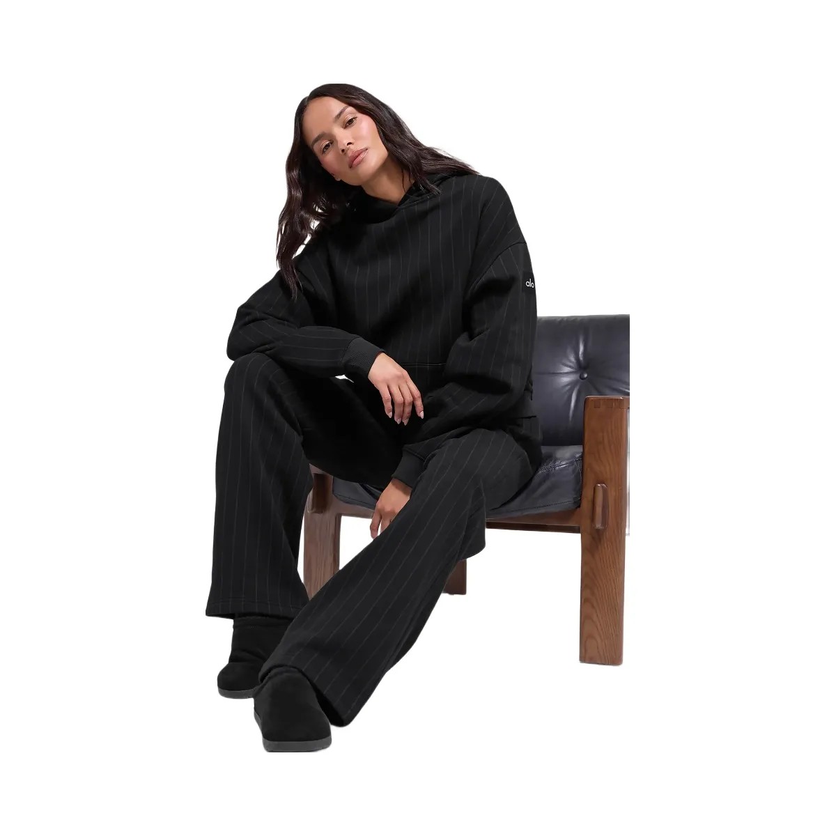 Alo Women's Pinstripe Hoodie - Black Pinstripe - HypeFly India View 4