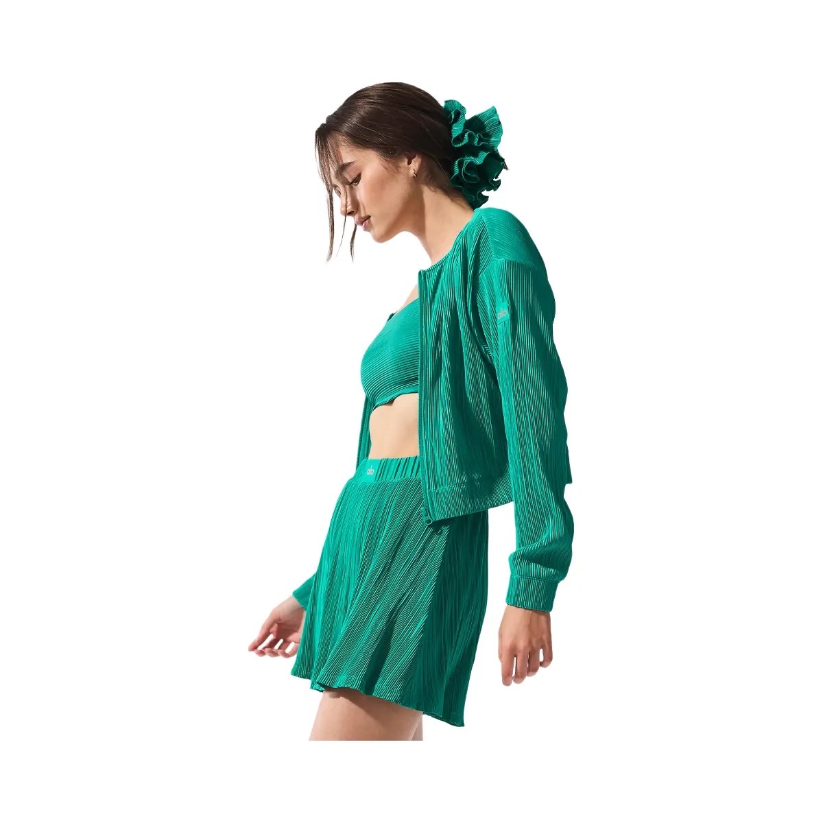 Alo Women's Cropped Micro Plisse Jacket - Spruce Green - HypeFly India View 3