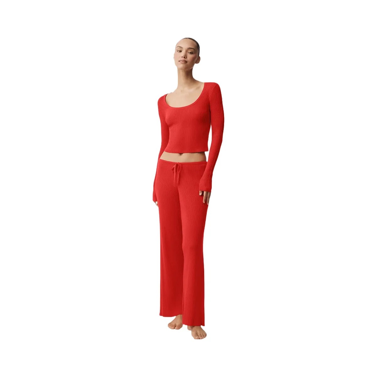 Alo Women's Sweater Knit Unwind Long Sleeve - Bright Red - HypeFly India View 4