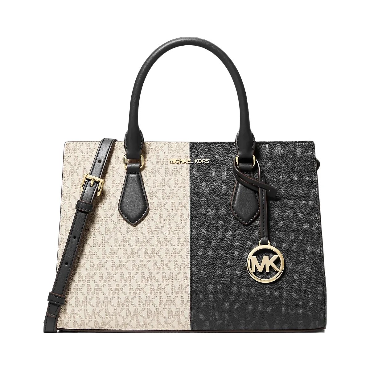 Michael Kors Sheila Medium Two-Tone Metallic Signature Logo Satchel Black Combo - HypeFly India View 1