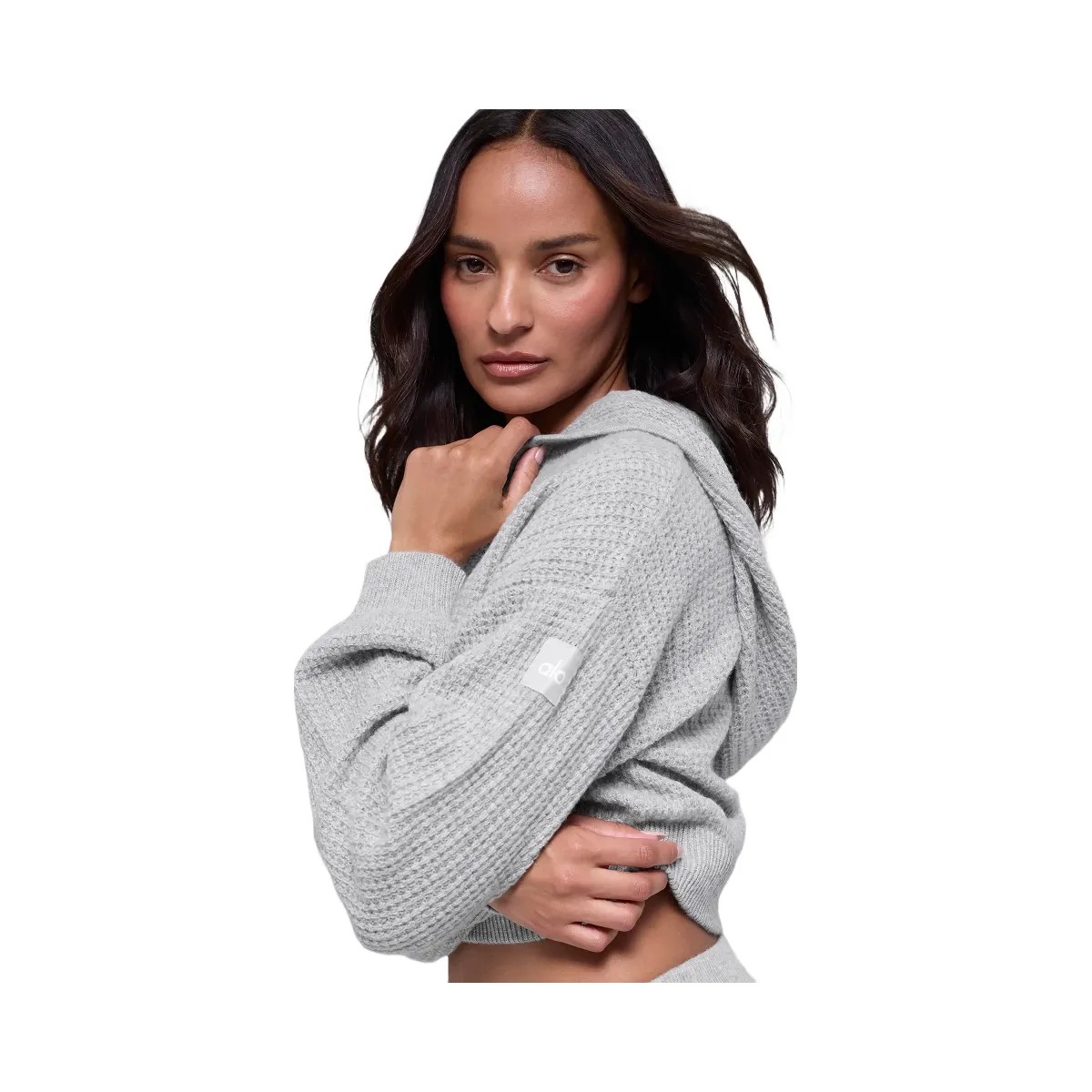 Alo Women's Cashmere Plush Waffle Full Zip Hoodie - Athletic Heather Grey - HypeFly India View 4