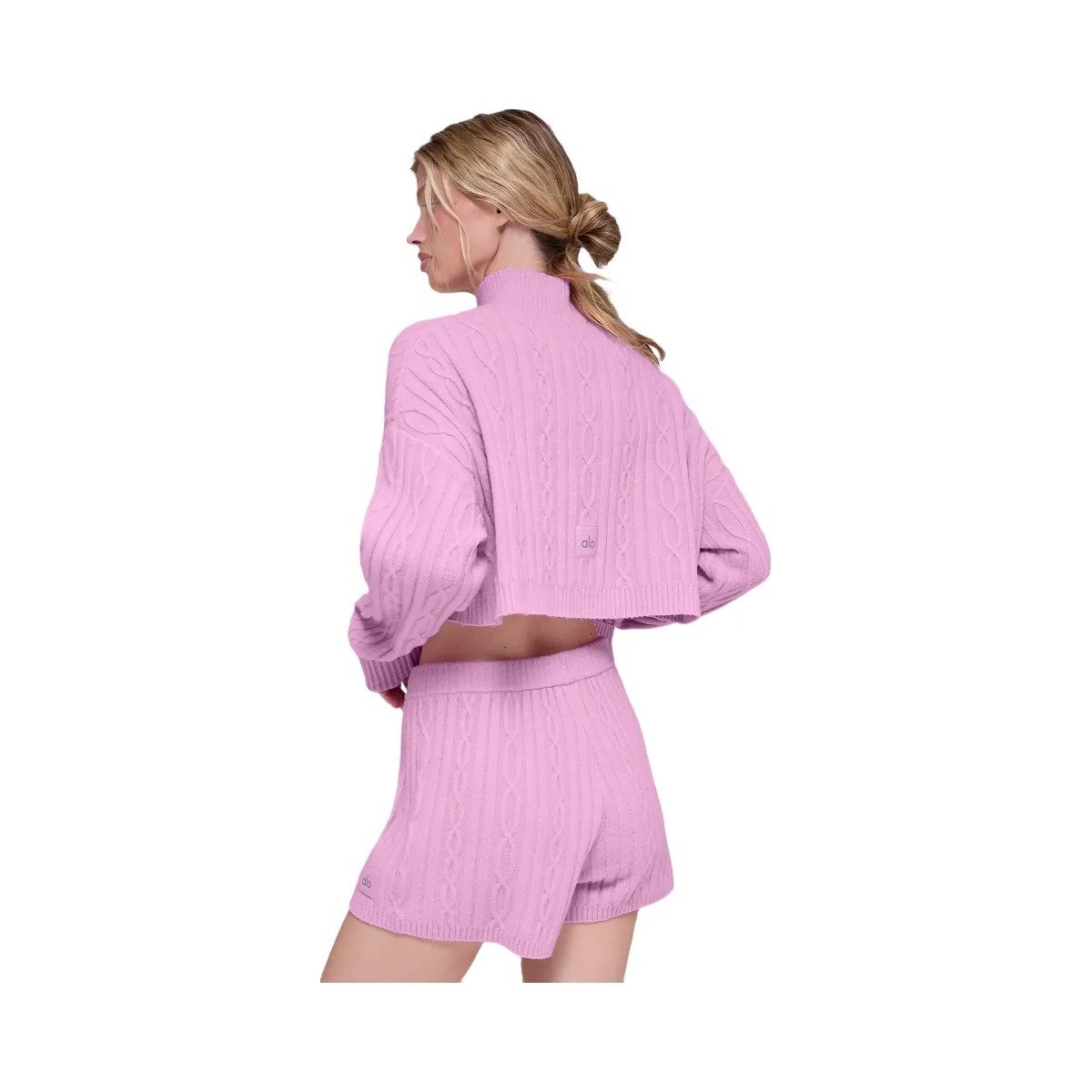 Alo Women's Cable Knit Cropped Winter Bliss Turtleneck Long Sleeve - Candy Heart Pink - HypeFly India View 2
