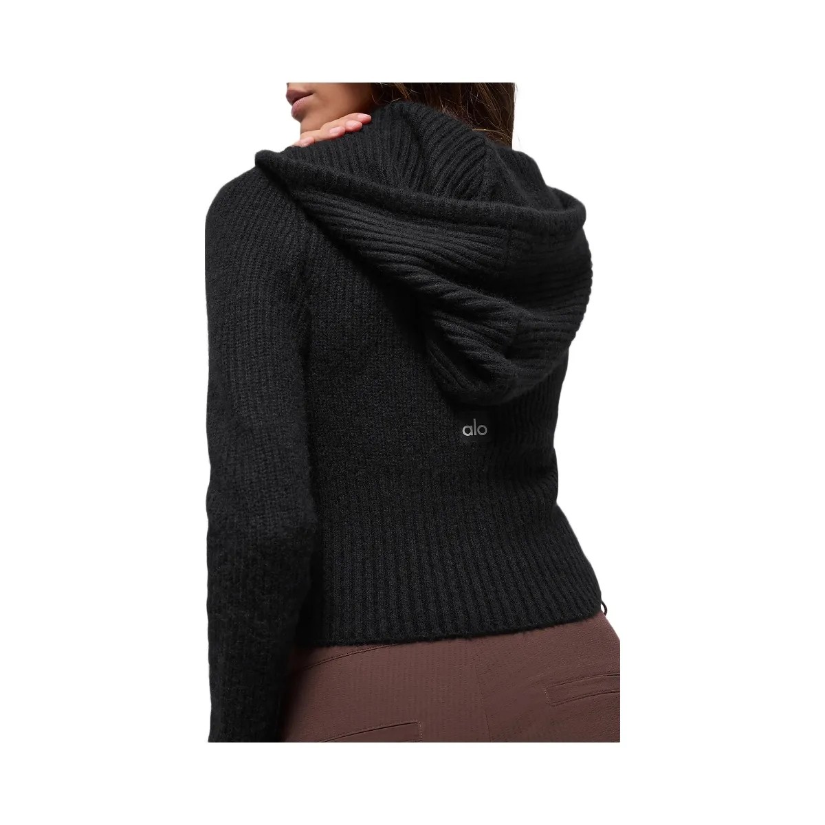 Alo Women's Wool Cashmere Ribbed Noble Full Zip Hoodie - Black - HypeFly India View 3