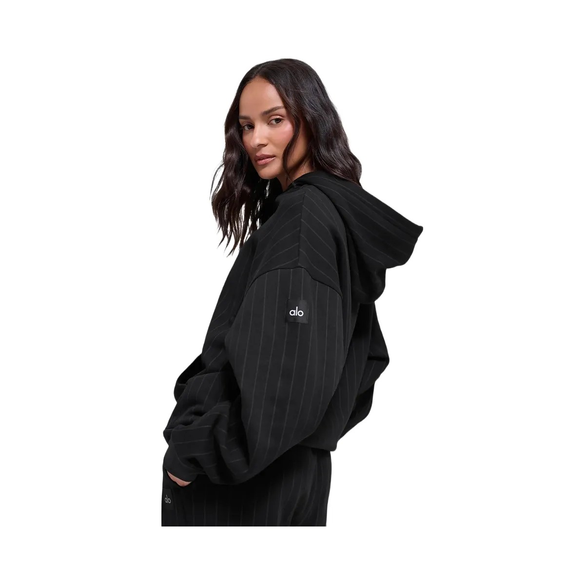Alo Women's Pinstripe Hoodie - Black Pinstripe - HypeFly India View 3