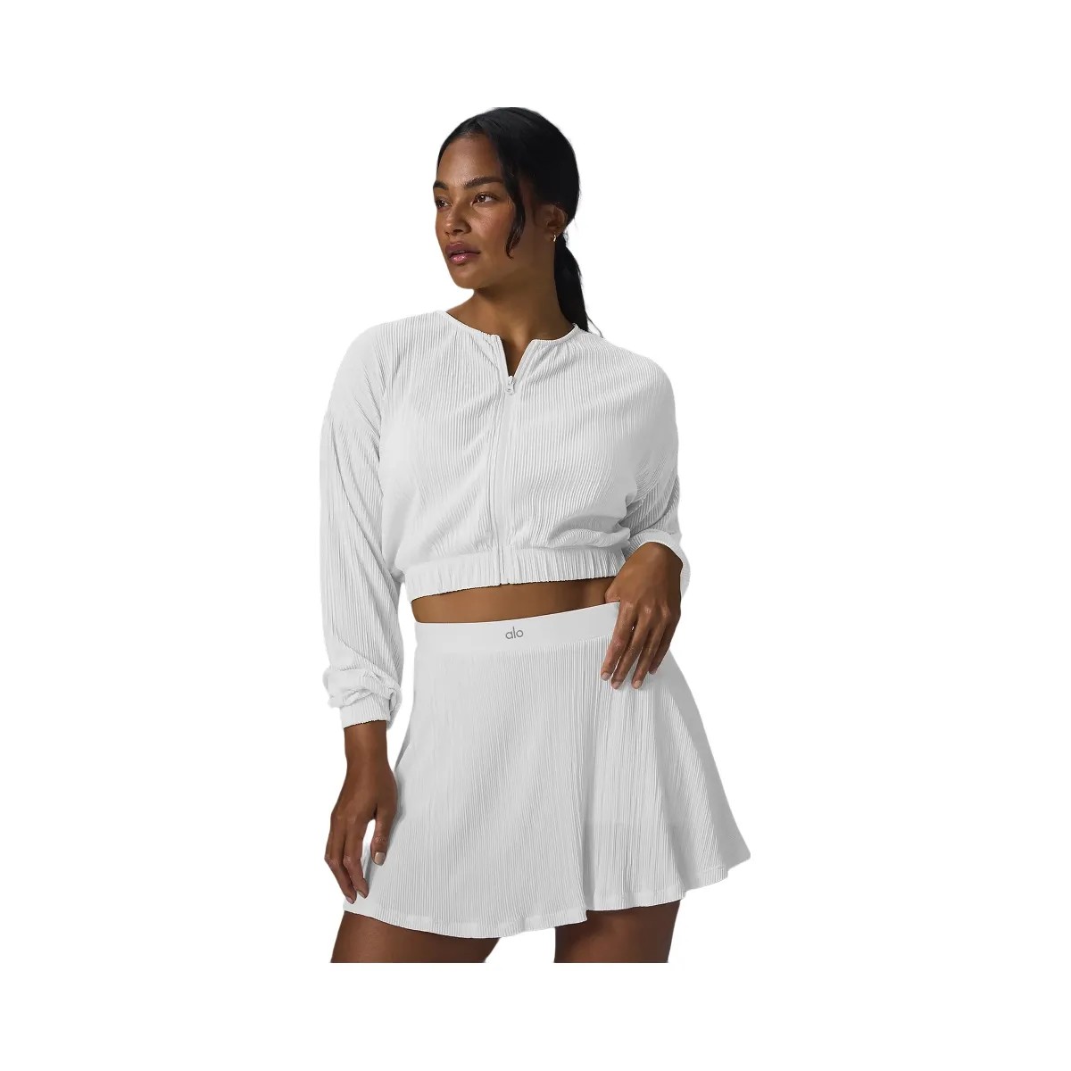 Alo Women's Cropped Micro Plisse Jacket - White - HypeFly India View 1