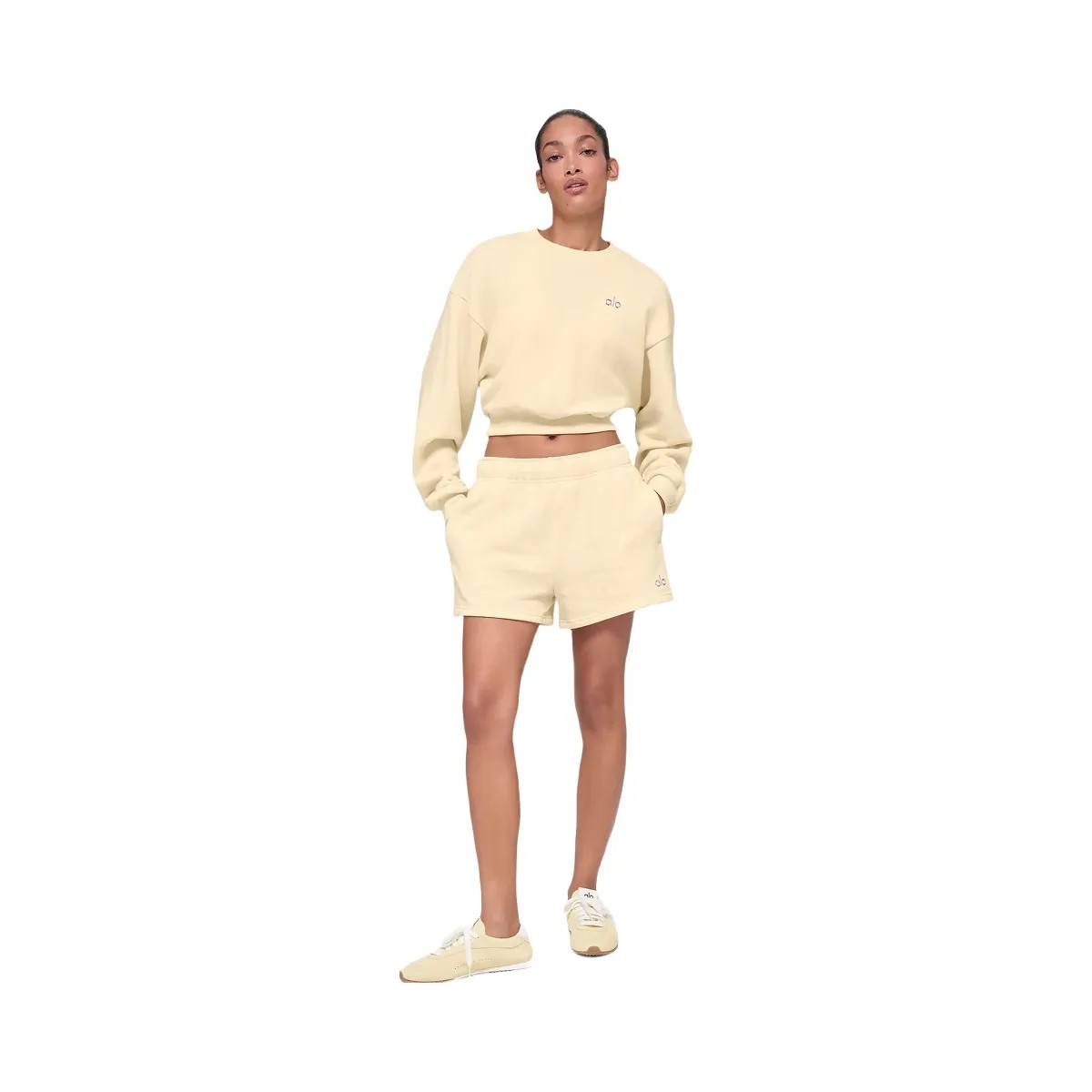 Alo Women's Cropped Accolade Crewneck - Candlelight Yellow - HypeFly India View 5