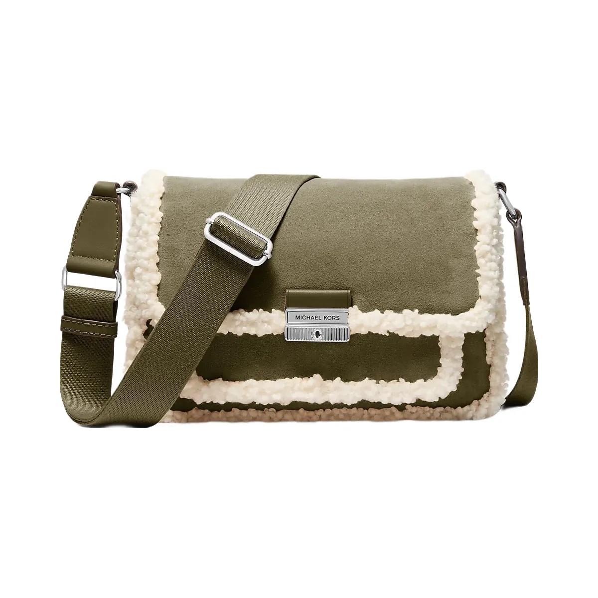 Michael Kors Bradshaw Medium Suede and Faux Shearling Messenger Bag Olive - HypeFly India View 1