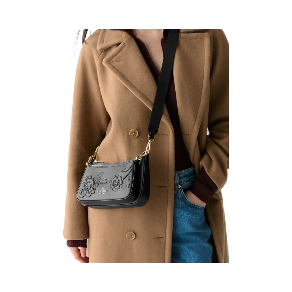 Kate Spade Duet Floral Applique Small Crossbody Black - HypeFly India View 2