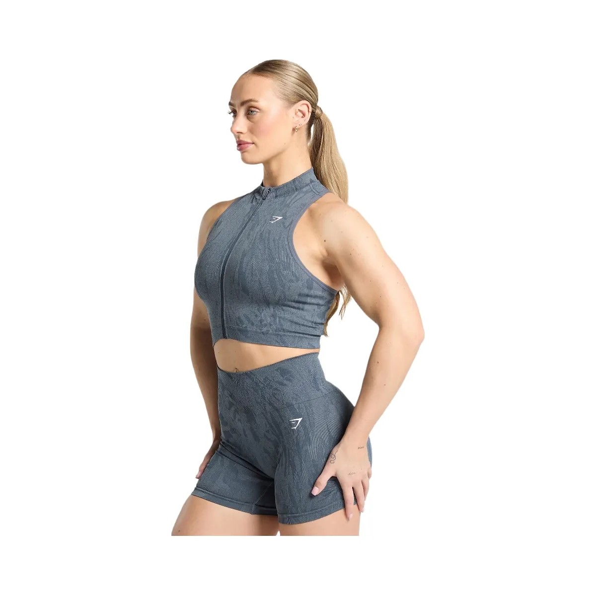 Gymshark Adapt Camo Seamless Zip Up Crop Top - Titanium Blue/Denim Grey - HypeFly India View 3