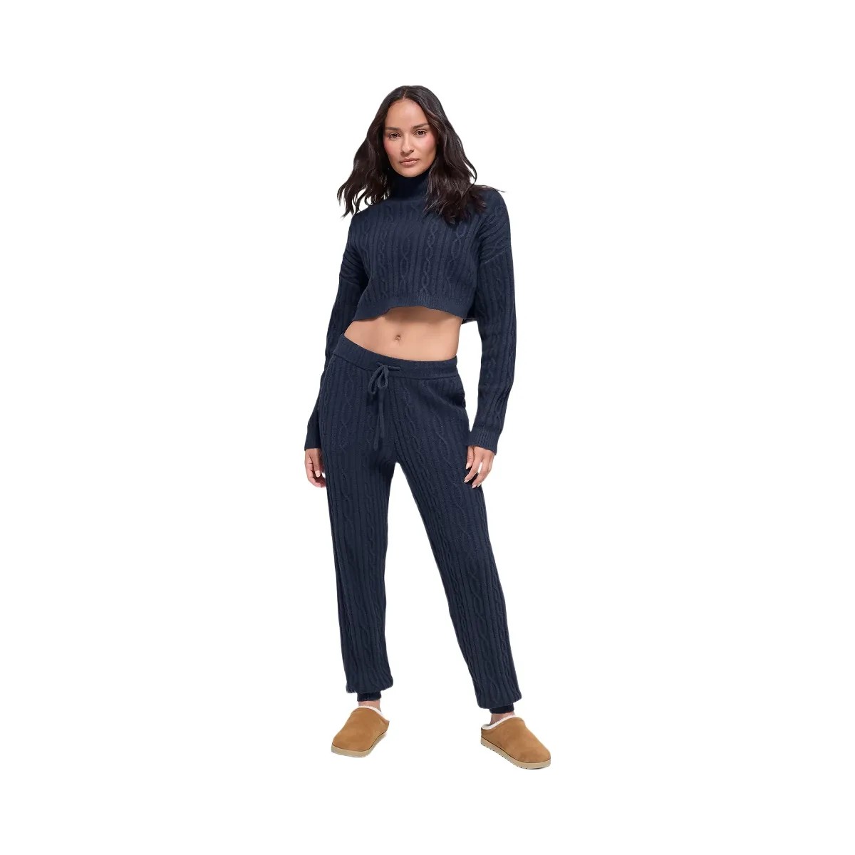 Alo Women's Cable Knit Cropped Winter Bliss Turtleneck Long Sleeve - Navy - HypeFly India View 1