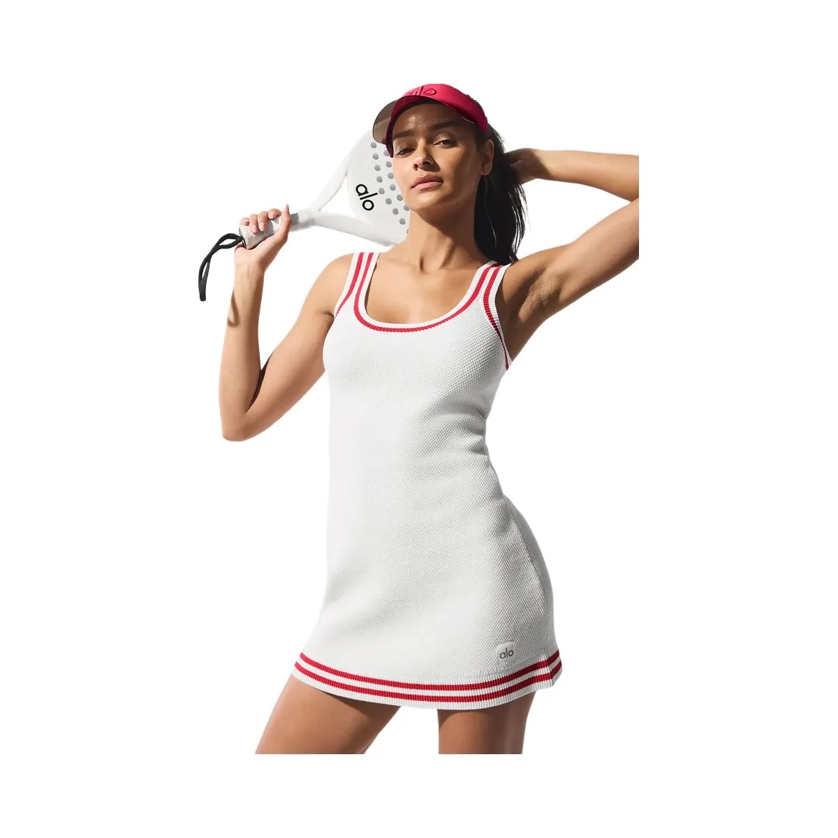 Alo Women's Tennis Club Sweater Knit Dress - White/Candy Red - HypeFly India View 1
