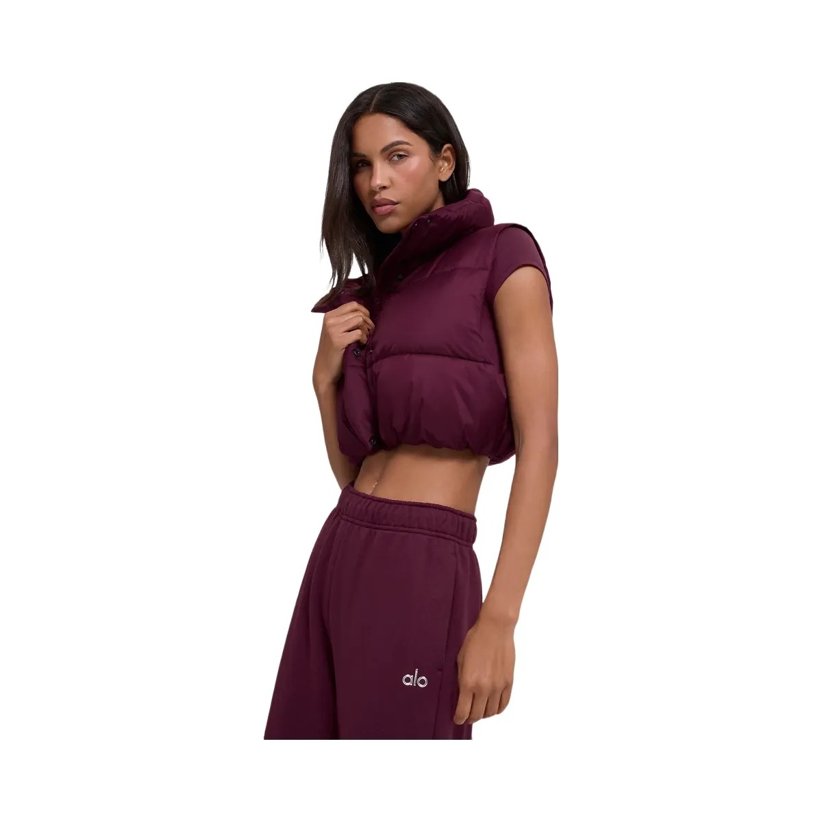 Alo Women's Cropped Gold Rush Puffer Vest - Burgundy - HypeFly India View 5
