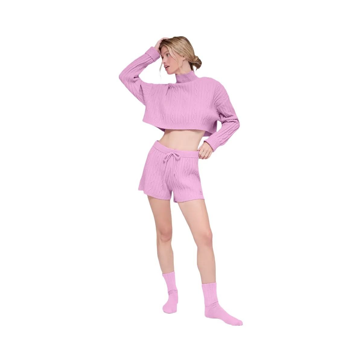 Alo Women's Cable Knit Cropped Winter Bliss Turtleneck Long Sleeve - Candy Heart Pink - HypeFly India View 5