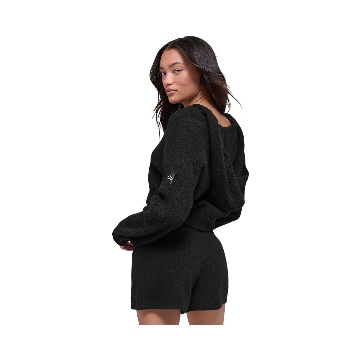 Alo Women's Cashmere Plush Waffle Full Zip Hoodie - Black - HypeFly India View 3