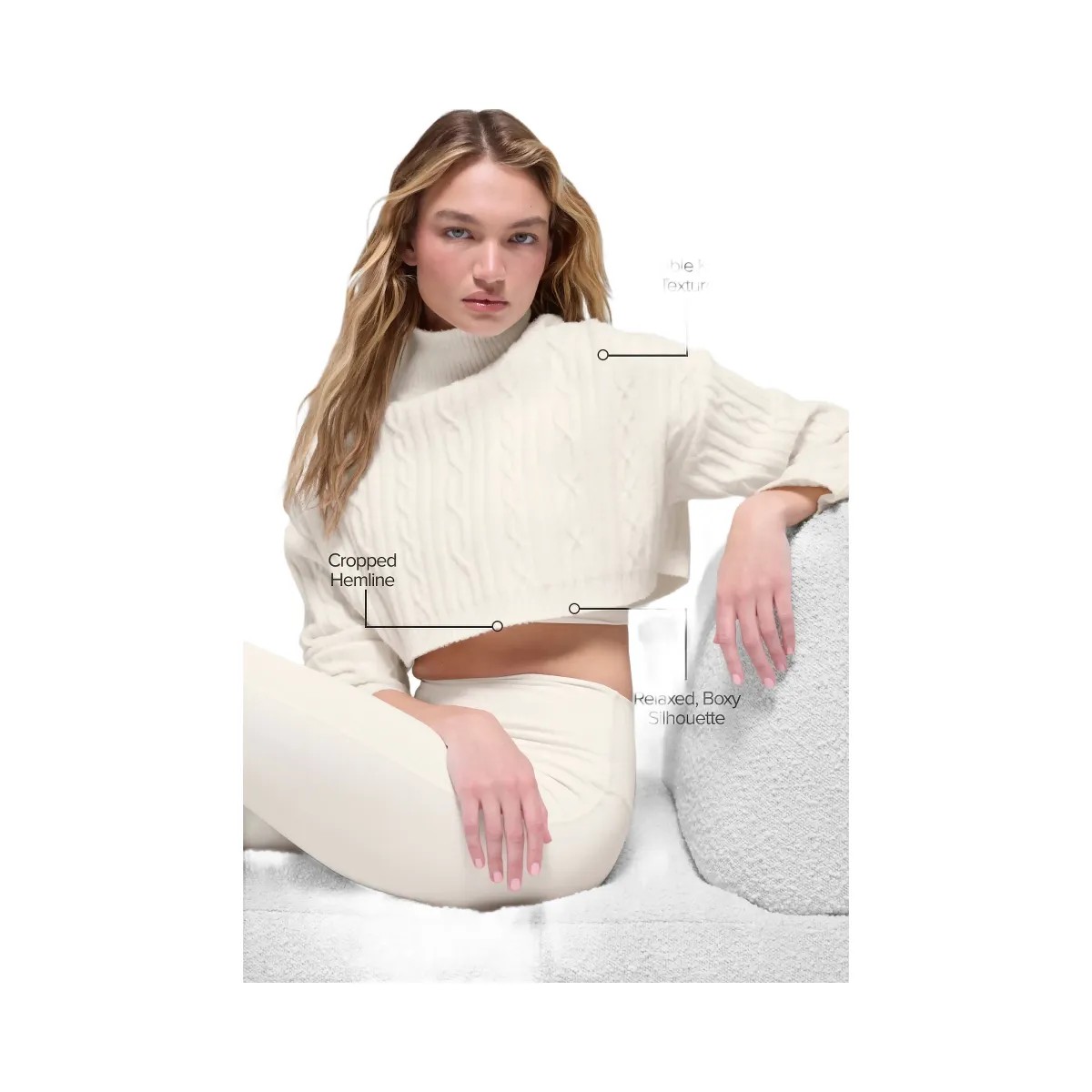 Alo Women's Cable Knit Cropped Winter Bliss Turtleneck Long Sleeve - Ivory - HypeFly India View 2