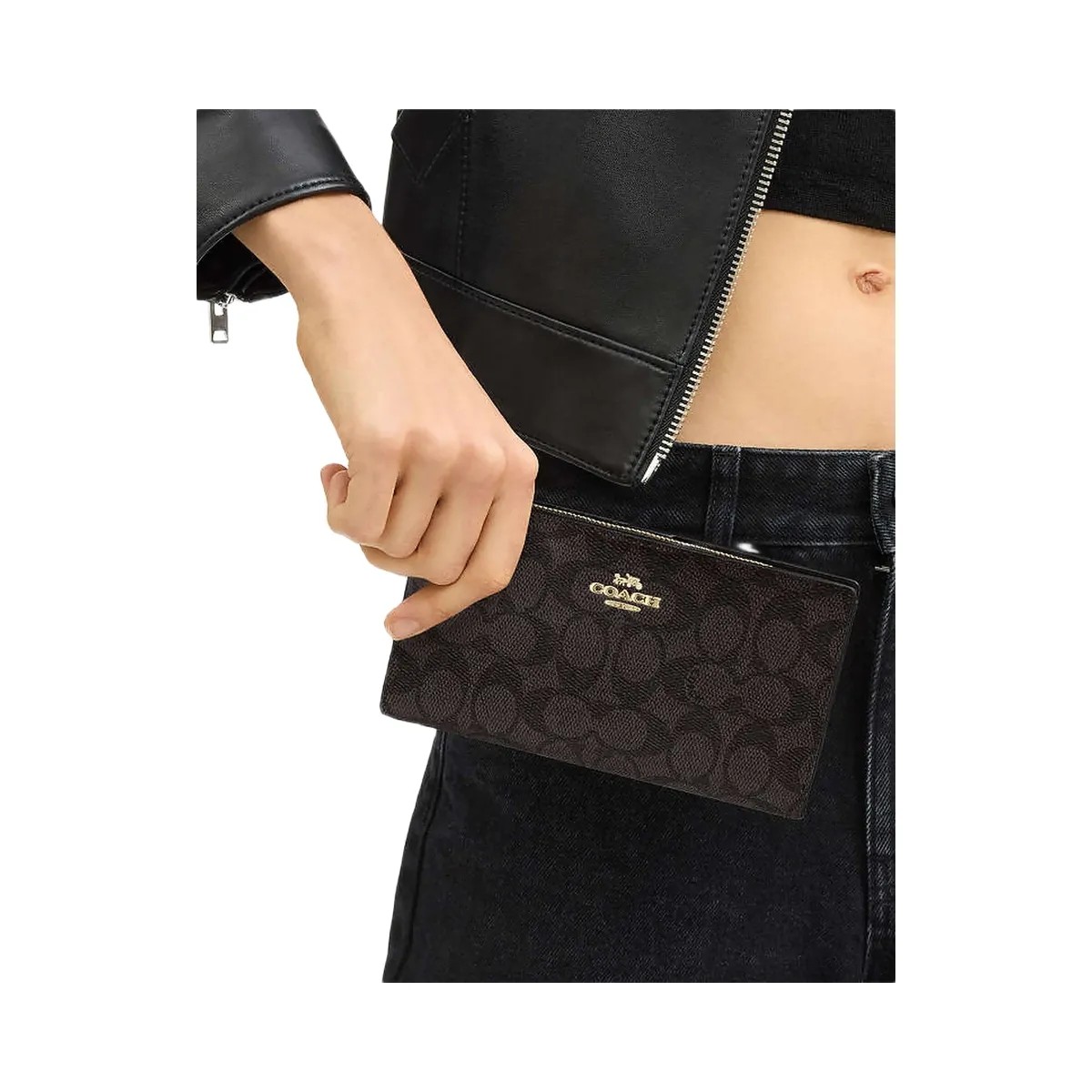 Coach Slim Zip Wallet In Signature Canvas Signature Canvas-Gold-Walnut-Black - HypeFly India View 1