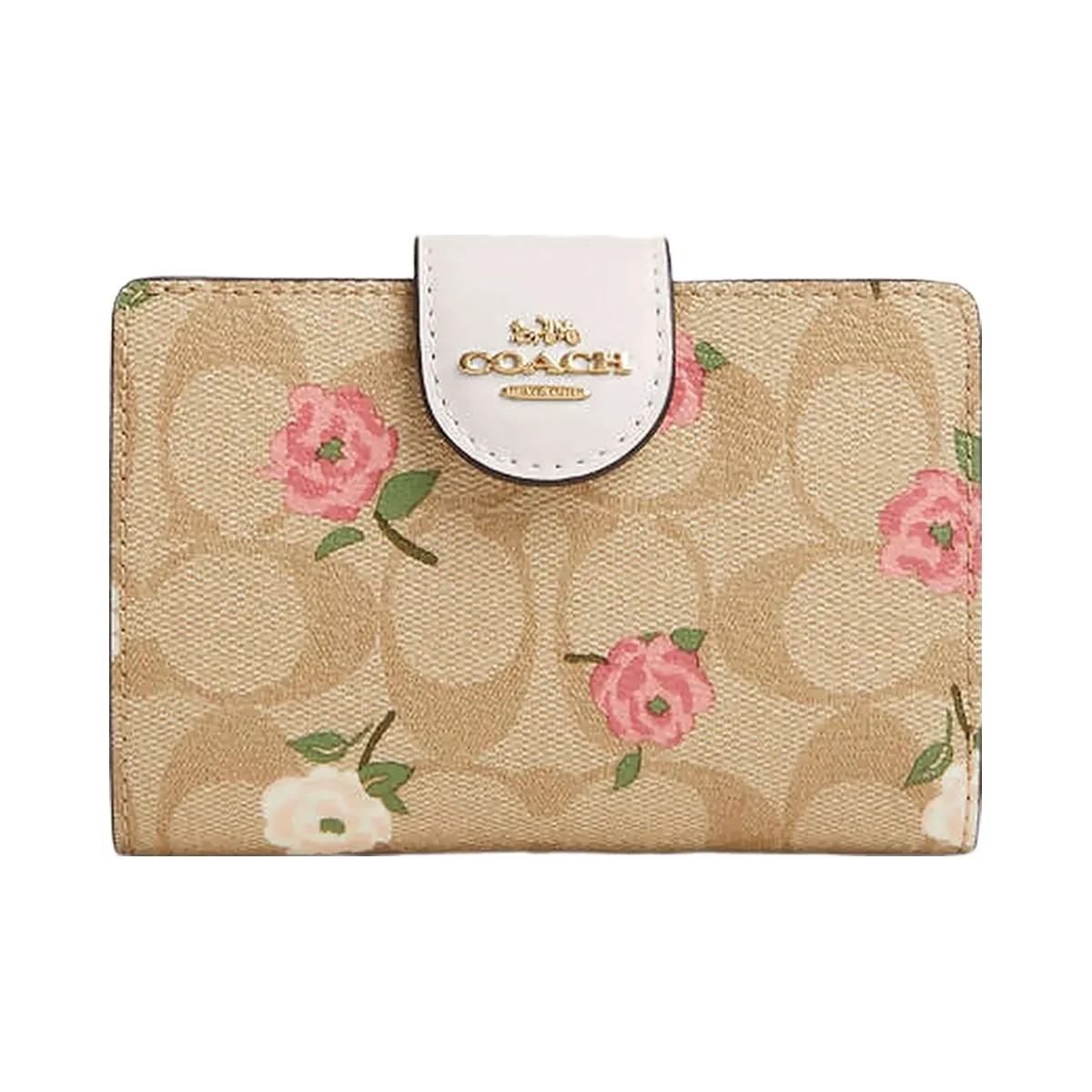 Coach Medium Corner Zip Wallet In Signature Canvas With Floral Print Signature Canvas-Gold-Light Khaki Chalk Multi - HypeFly India View 1