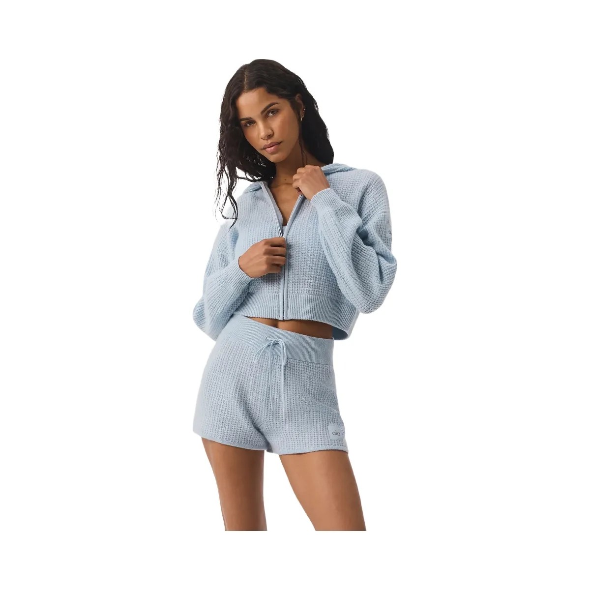 Alo Women's Cashmere Plush Waffle Full Zip Hoodie - Crystal Blue - HypeFly India View 1