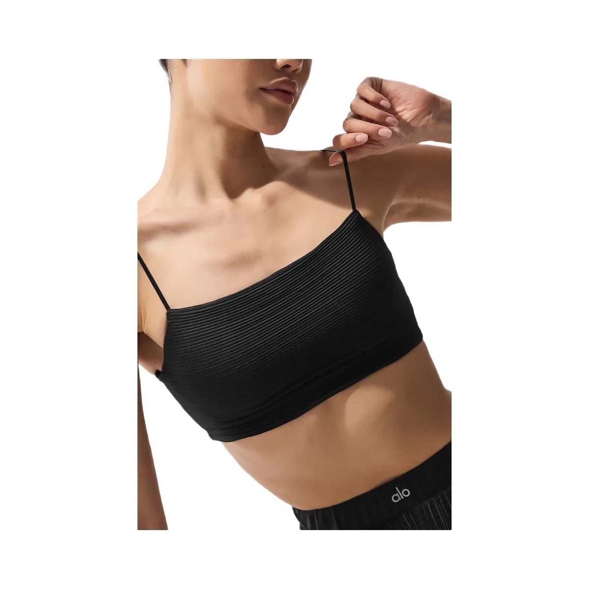 Alo Women's Micro Plisse Game On Bra - Black - HypeFly India View 3