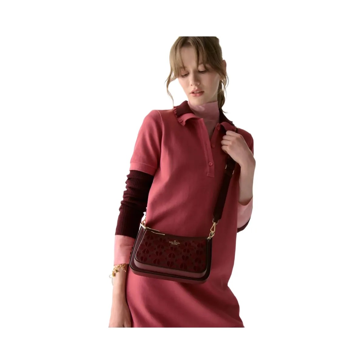 Kate Spade Duet Spade Flower Embroidered Small Crossbody Dark Merlot - HypeFly India View 2