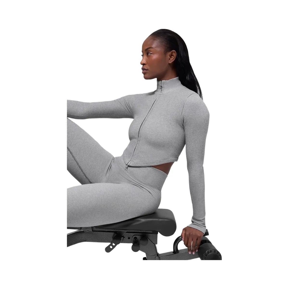 Alo Women's Seamless Two Tone Rib Jacket - Light Misty Grey Heather - HypeFly India View 5