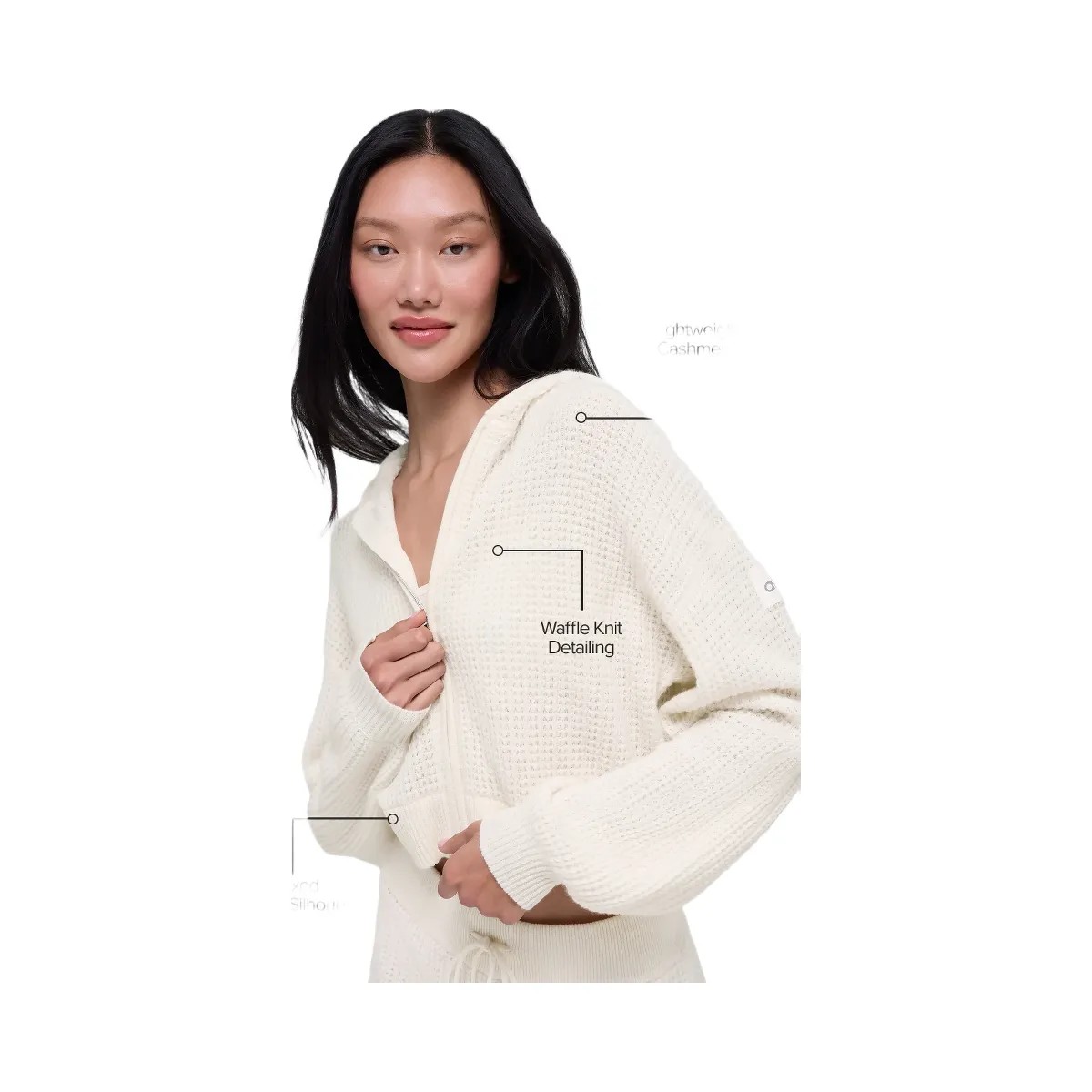 Alo Women's Cashmere Plush Waffle Full Zip Hoodie - Ivory - HypeFly India View 2