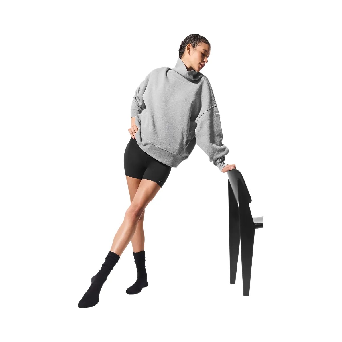 Alo Women's Hazy Mock Neck Pullover - Dark Athletic Heather Grey - HypeFly India View 4