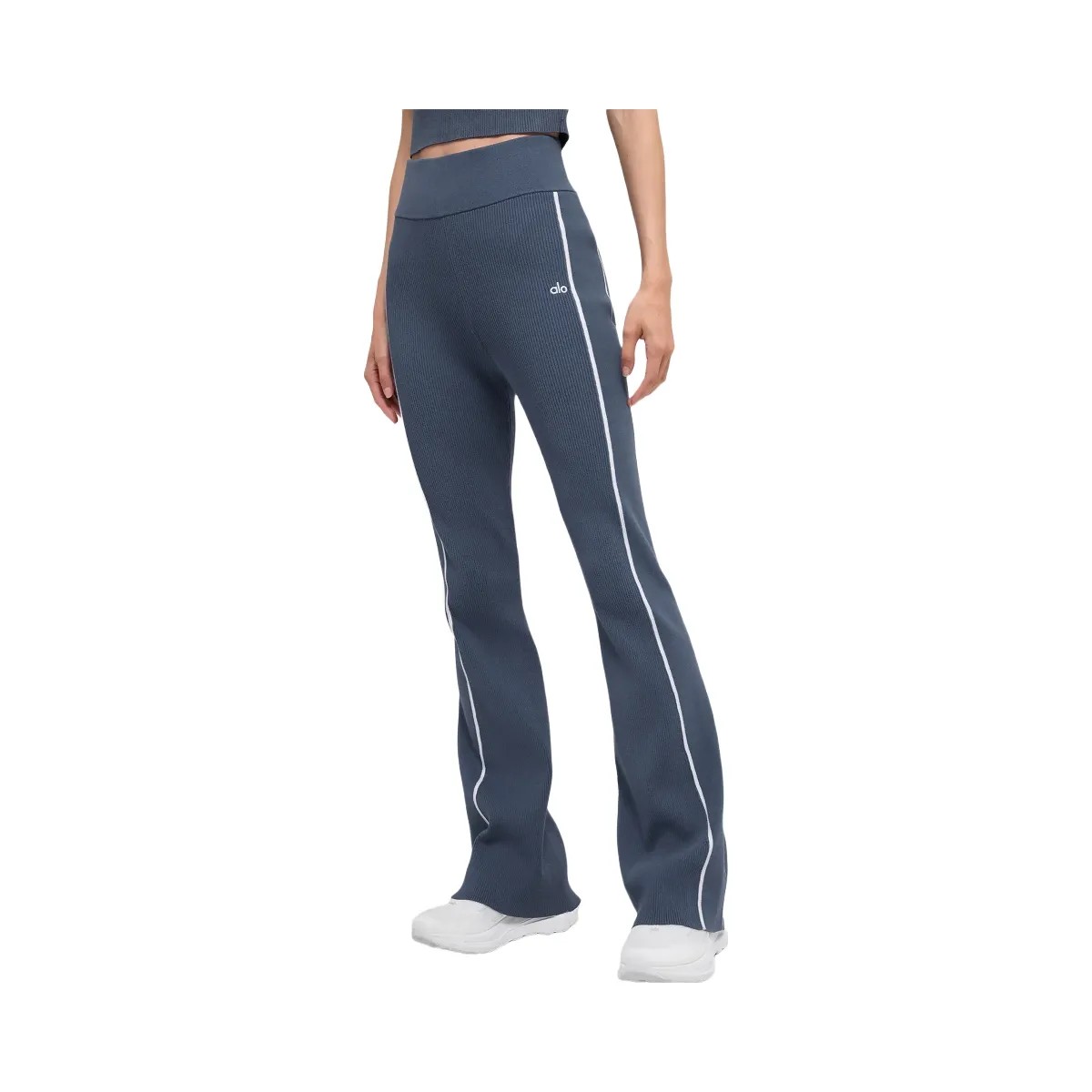 Alo Women's Ribbed Sweater Knit Highline Flare Pant - Bluestone/White - HypeFly India View 1