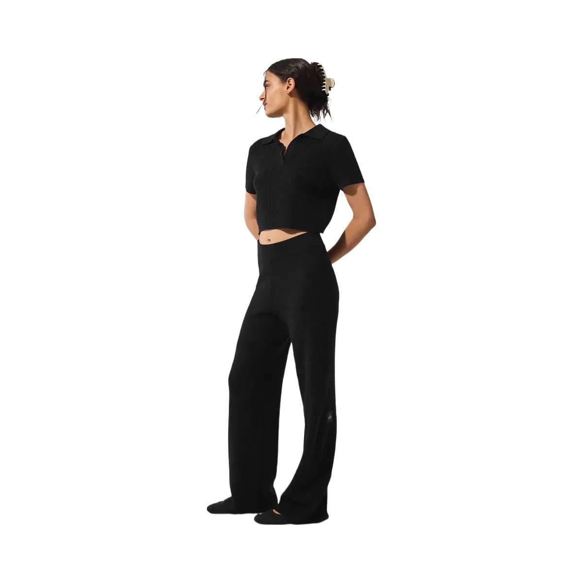 Alo Women's Cashmere Plush Waffle Polo Tee - Black - HypeFly India View 3