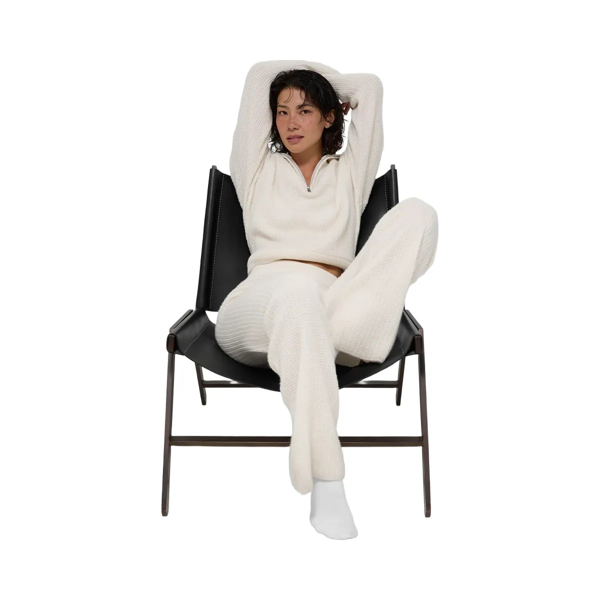 Alo Women's Cashmere Plush Waffle 1/4 Zip Pullover - Ivory - HypeFly India View 6