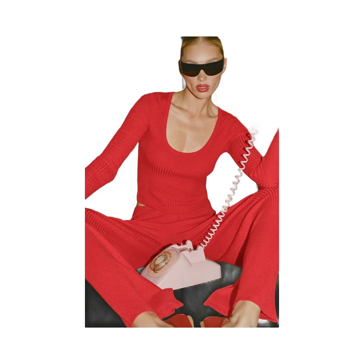 Alo Women's Sweater Knit Unwind Long Sleeve - Bright Red - HypeFly India View 5