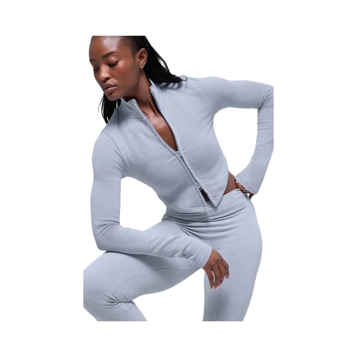 Alo Women's Seamless Two Tone Rib Jacket - Winter Frost Heather - HypeFly India View 2