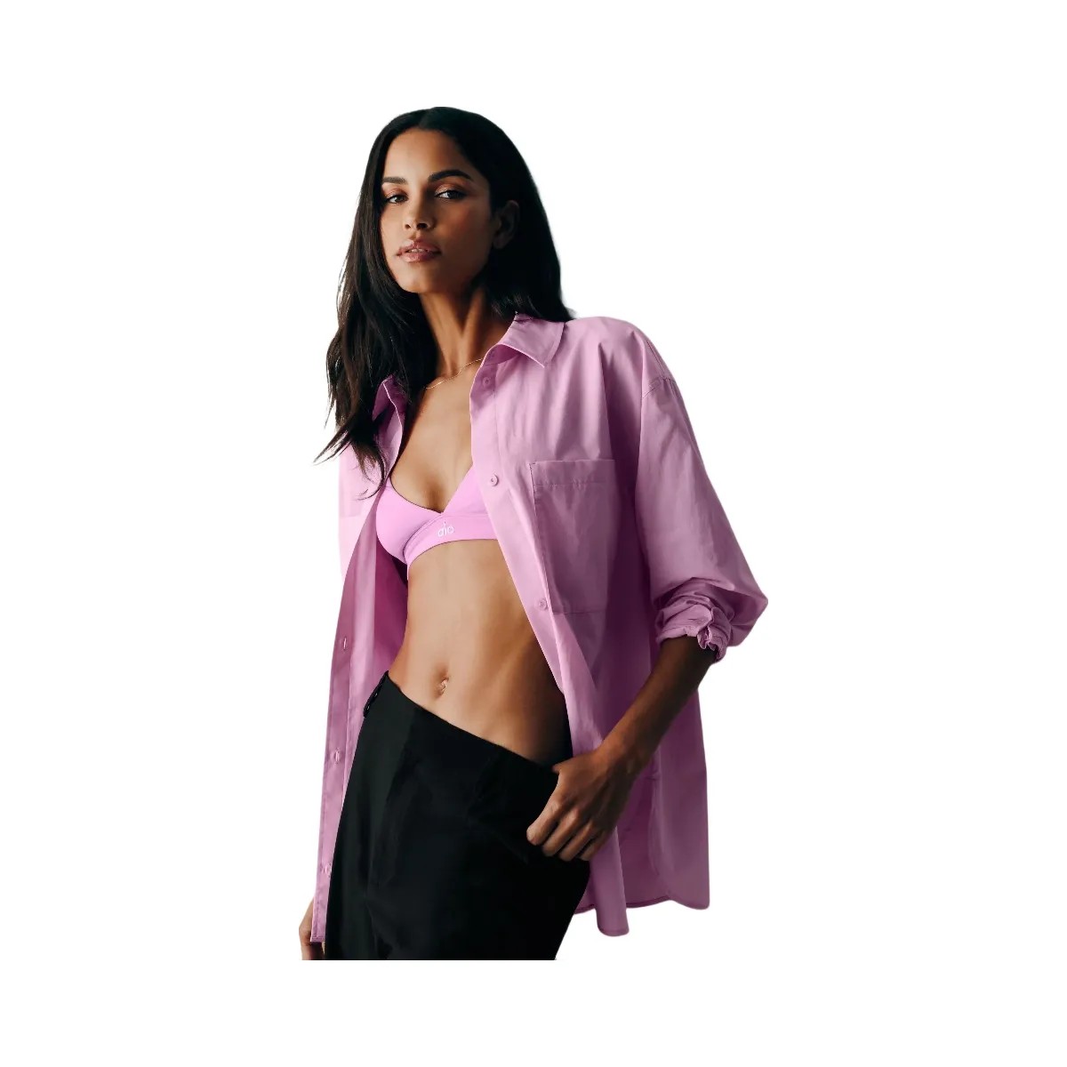 Alo Women's Cotton Real Deal Button Up Long Sleeve - Candy Heart Pink - HypeFly India View 5