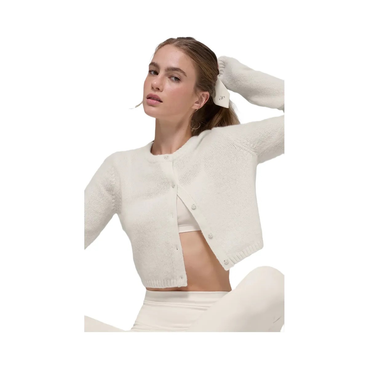 Alo Women's Wool Cashmere New Class Cropped Cardigan - Ivory - HypeFly India View 3