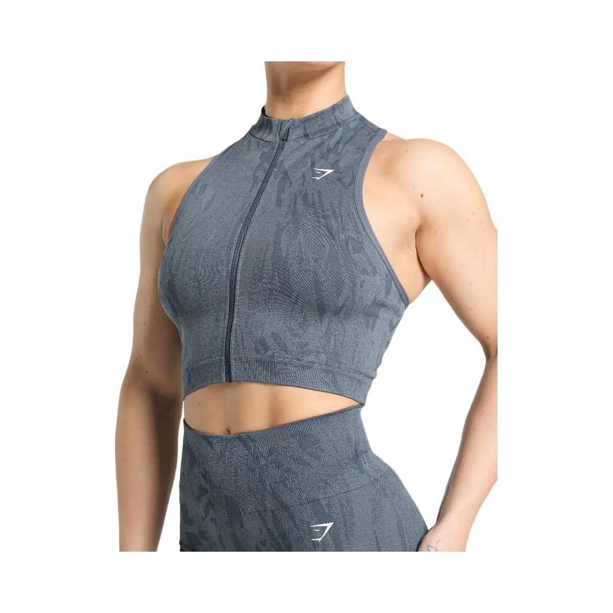 Gymshark Adapt Camo Seamless Zip Up Crop Top - Titanium Blue/Denim Grey - HypeFly India View 5