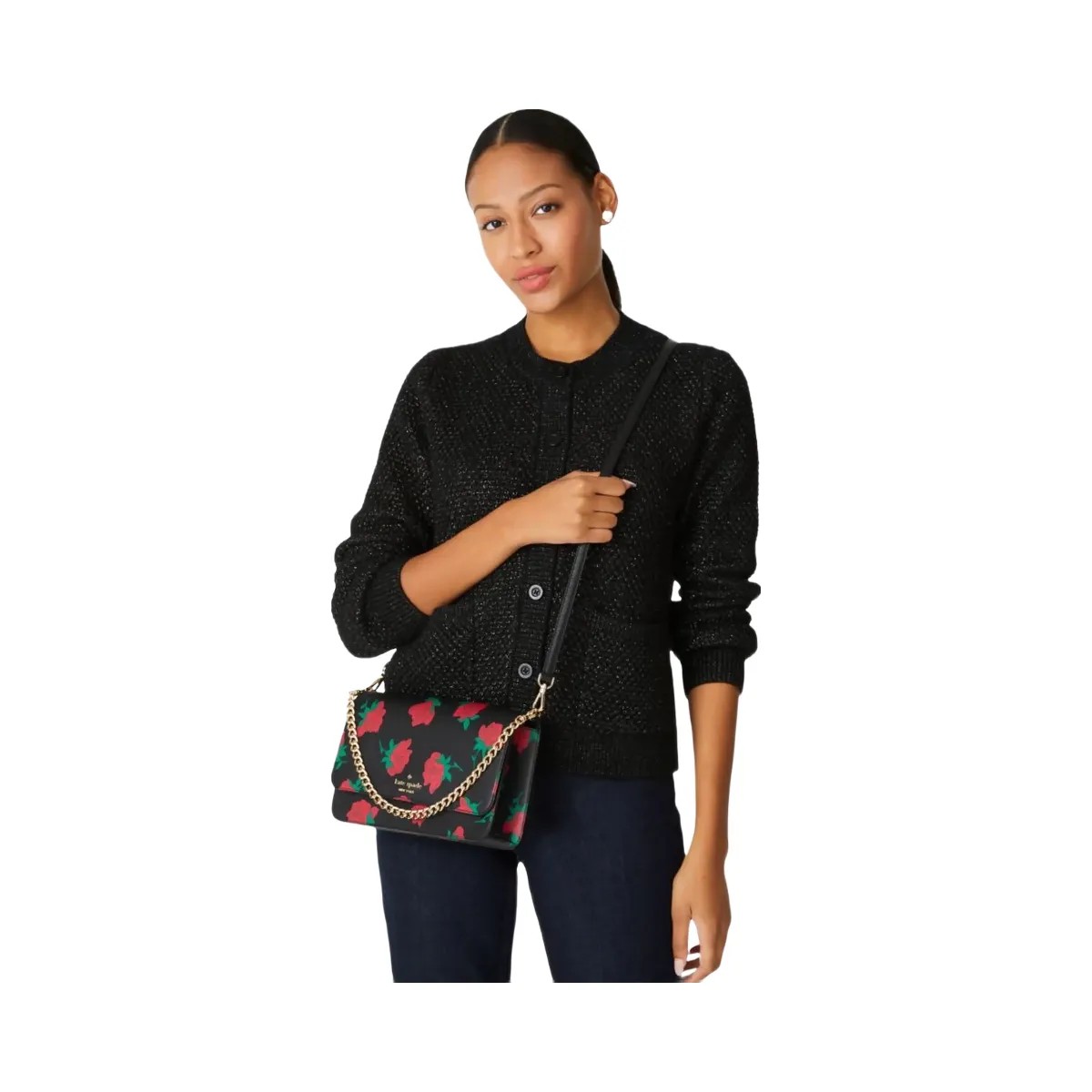 Kate Spade Madison Rose Toss Printed Flap Crossbody Black Multi - HypeFly India View 2