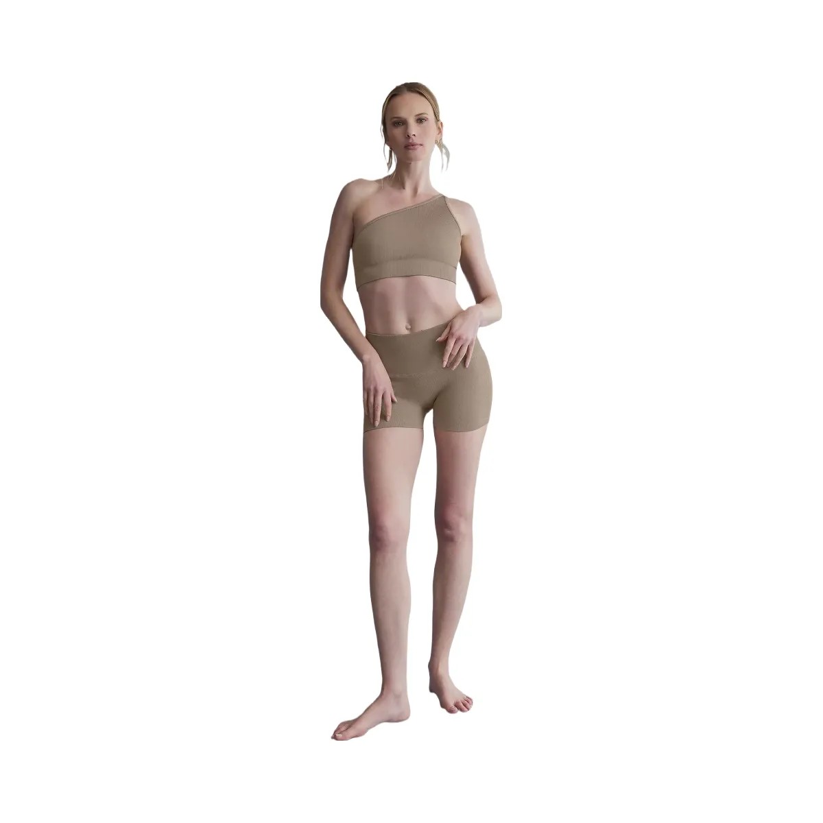 Alo Women's 3" Seamless Ribbed Shimmer Short - Gravel - HypeFly India View 4