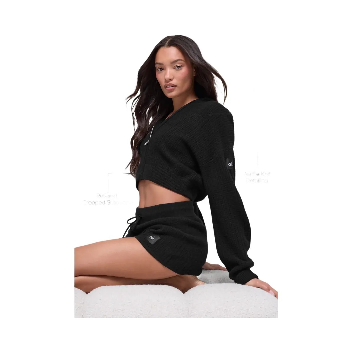 Alo Women's Cashmere Plush Waffle Full Zip Hoodie - Black - HypeFly India View 2