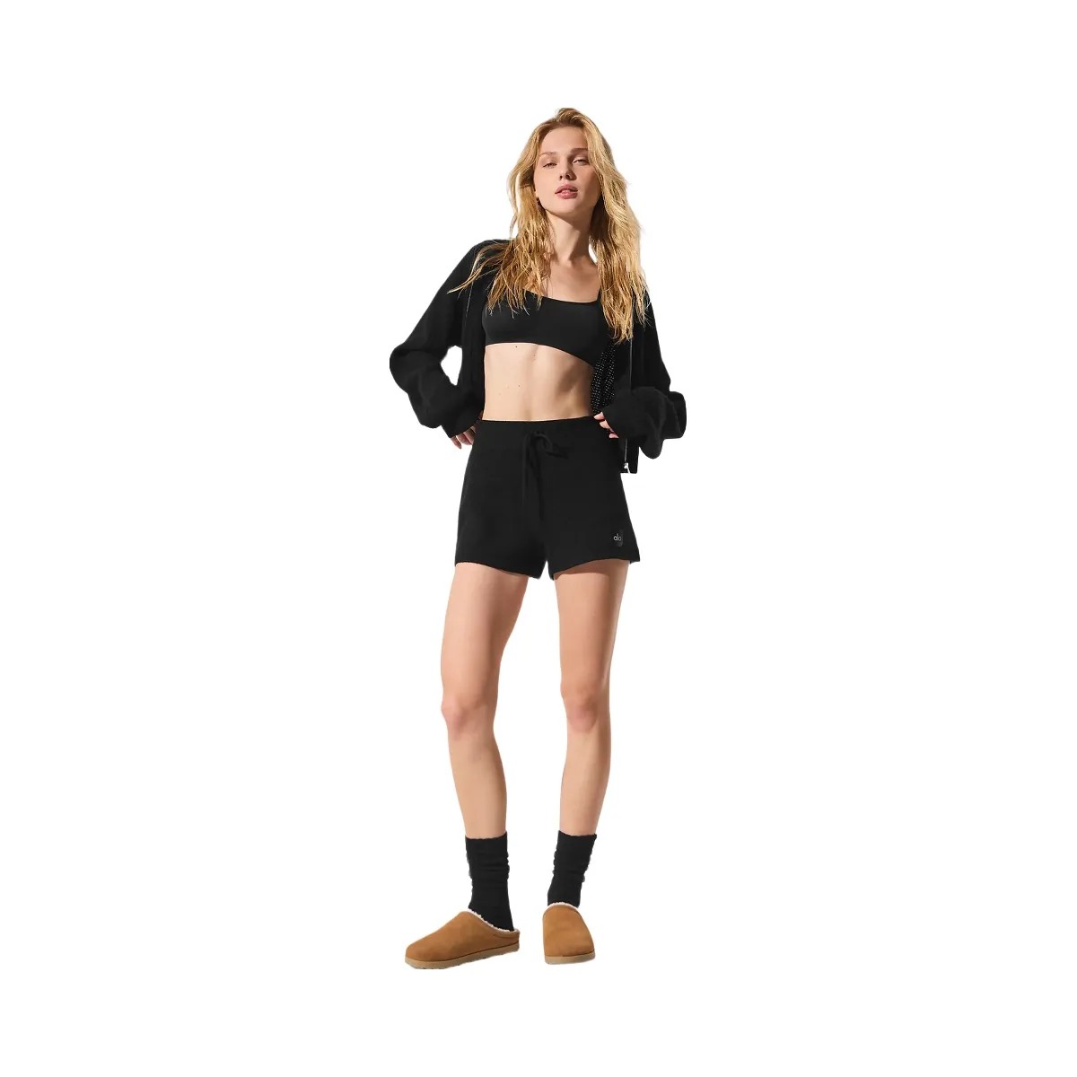 Alo Women's Cashmere High-Waist Plush Waffle Short - Black - HypeFly India View 3