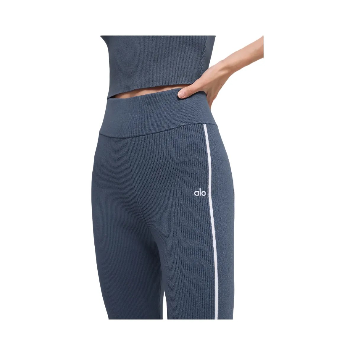 Alo Women's Ribbed Sweater Knit Highline Flare Pant - Bluestone/White - HypeFly India View 2