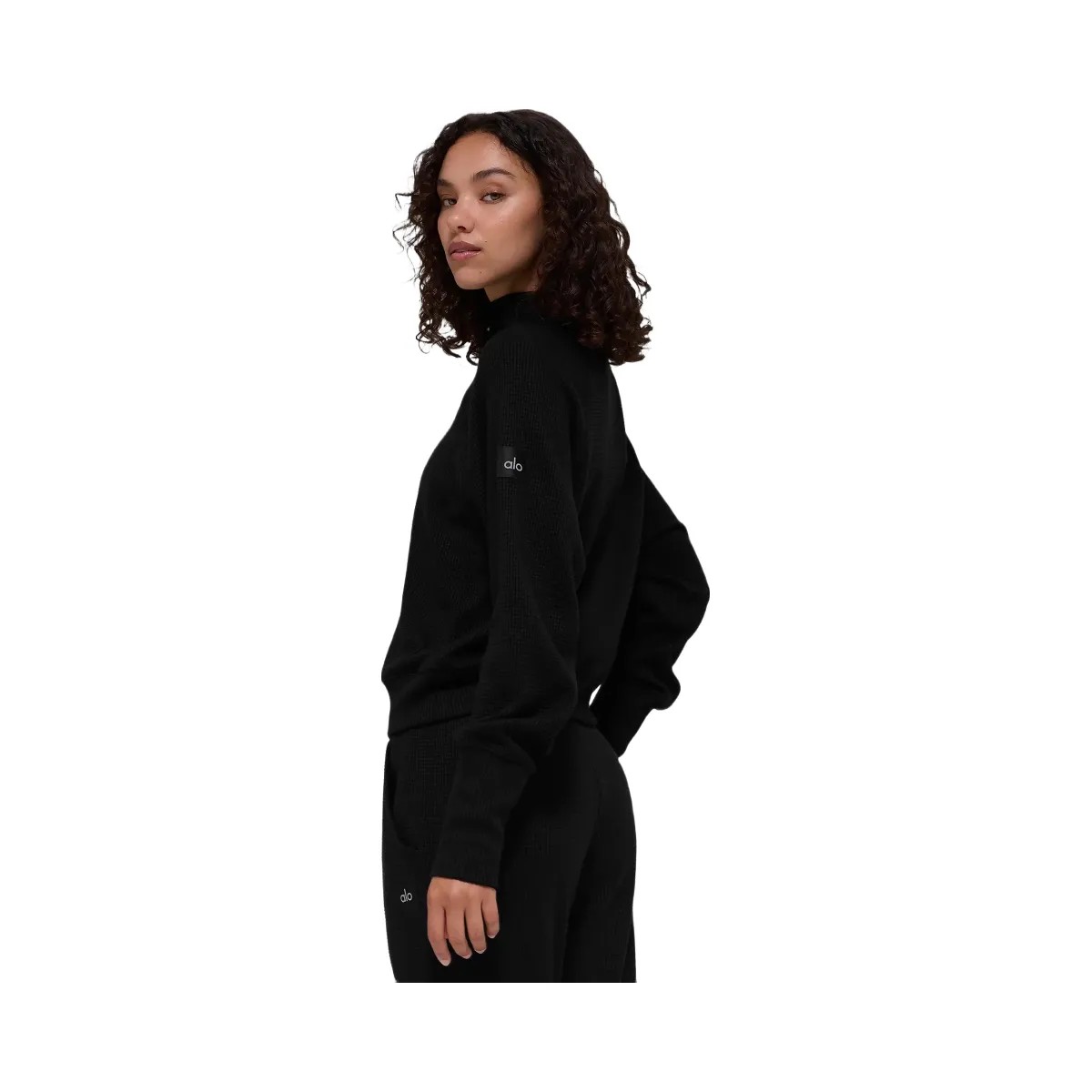 Alo Women's Waffle Weekend Escape Mock Neck Long Sleeve - Black - HypeFly India View 4