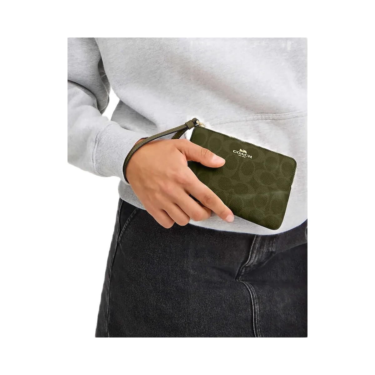 Coach Corner Zip Wristlet In Signature Canvas Signature Canvas-Gold-Olive - HypeFly India View 2