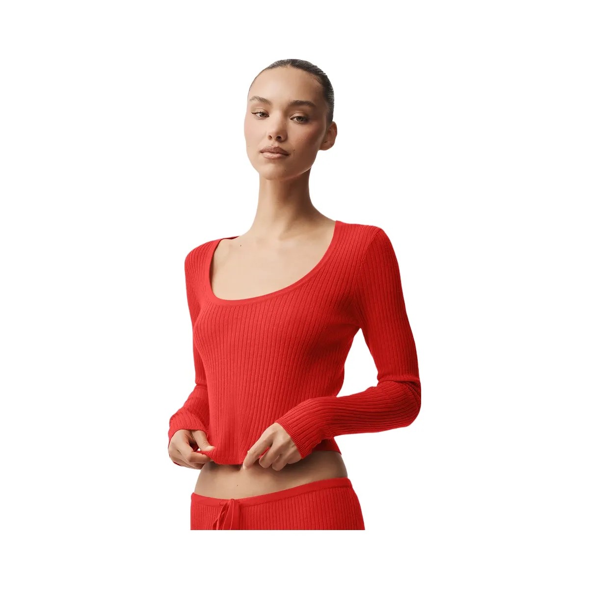 Alo Women's Sweater Knit Unwind Long Sleeve - Bright Red - HypeFly India View 2