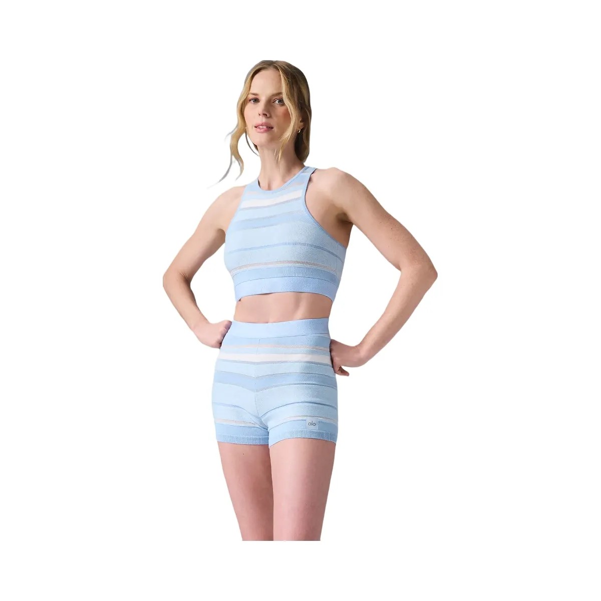 Alo Women's Sport Play High-Waist Knit Short - Seashell Blue/Ivory - HypeFly India View 5