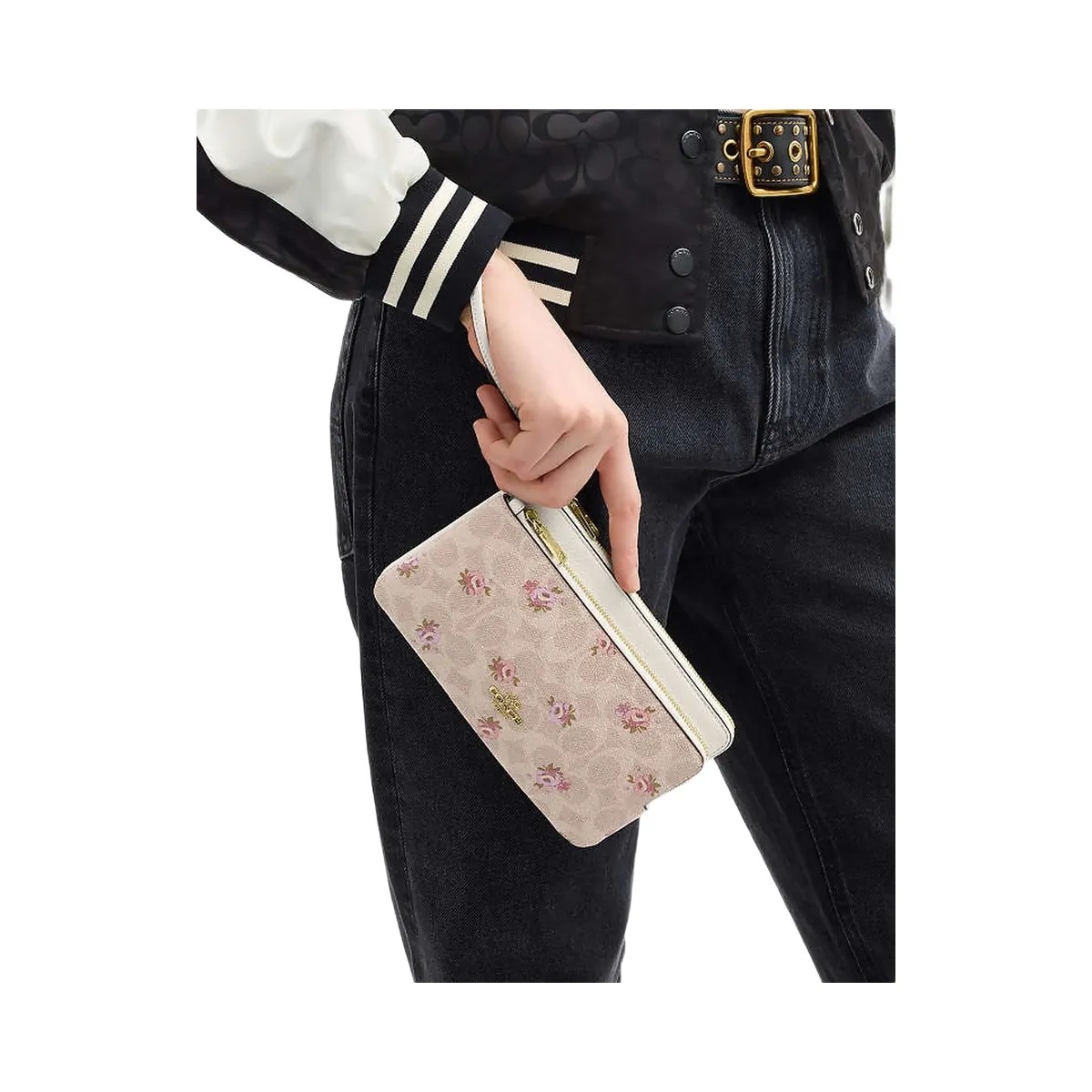 Coach Double Zip Wallet With Signature Canvas With Floral Print Gold-Sand Multi - HypeFly India View 1