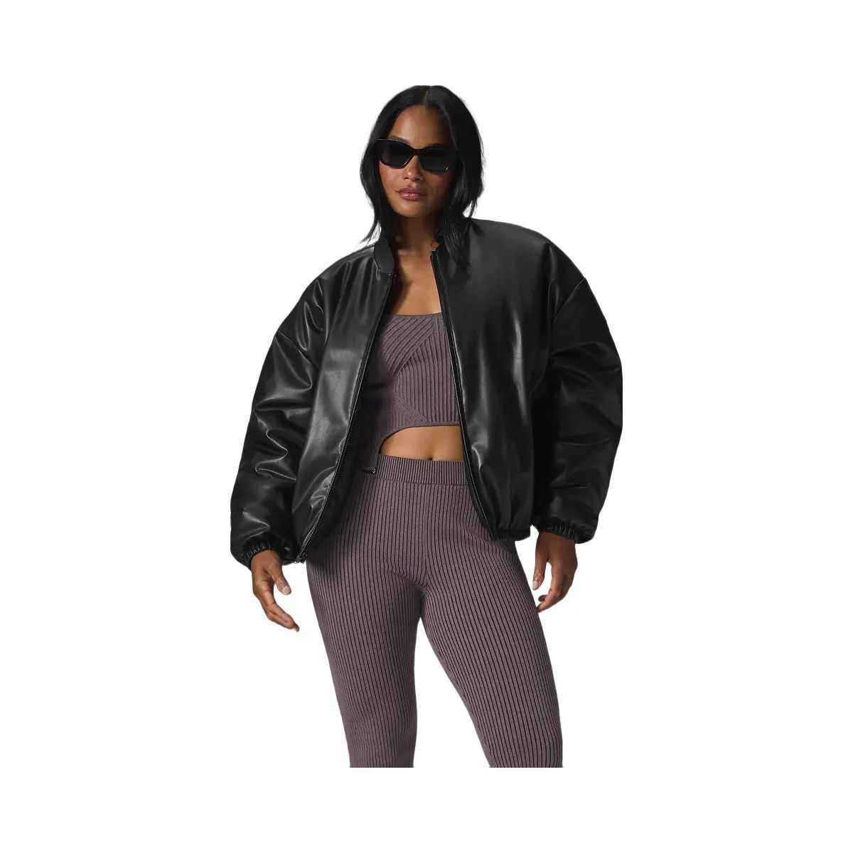 Alo Women's Faux Leather Premier Bomber - Black - HypeFly India View 1