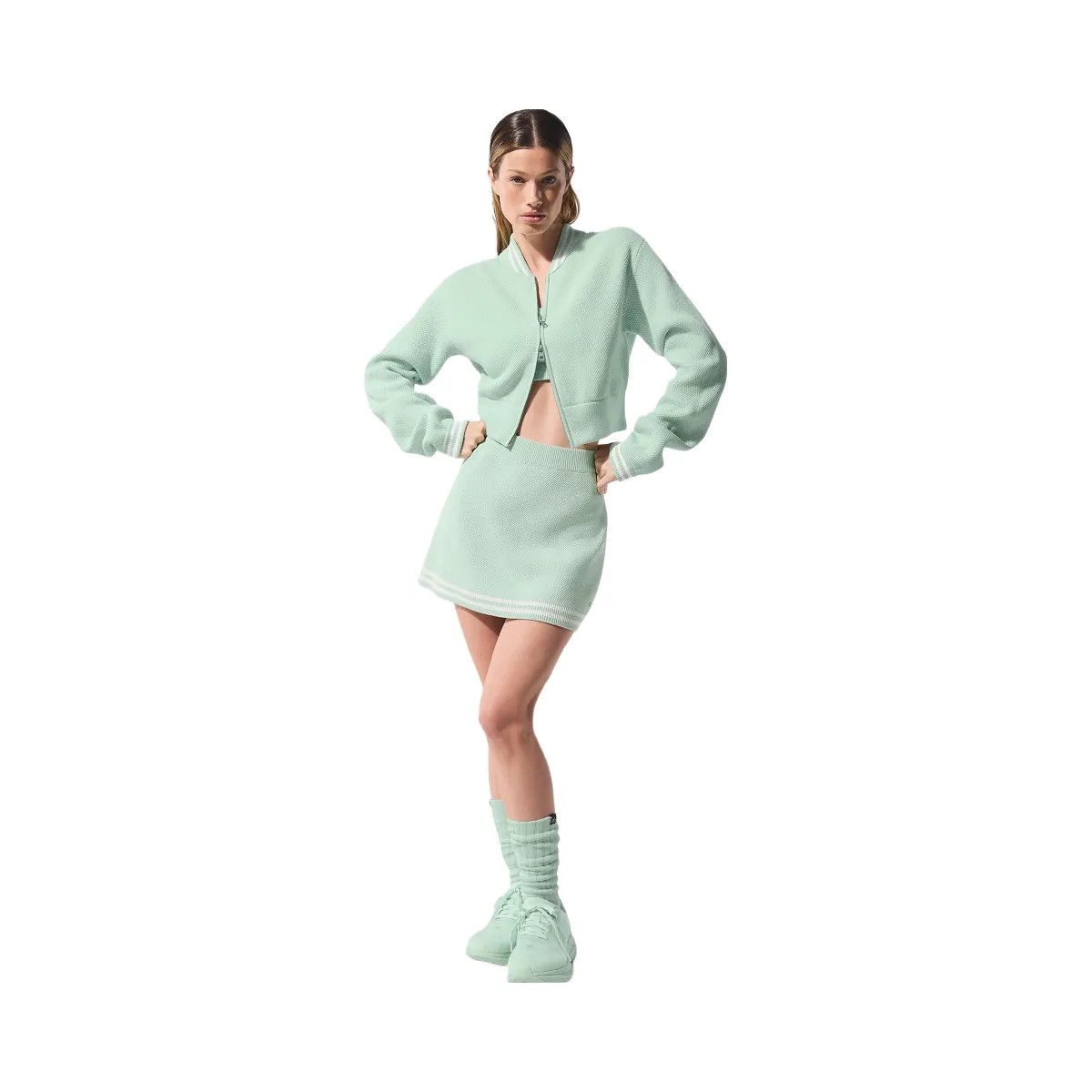 Alo Women's Tennis Club Sweater Knit Full Zip Jacket - Spearmint/White - HypeFly India View 1