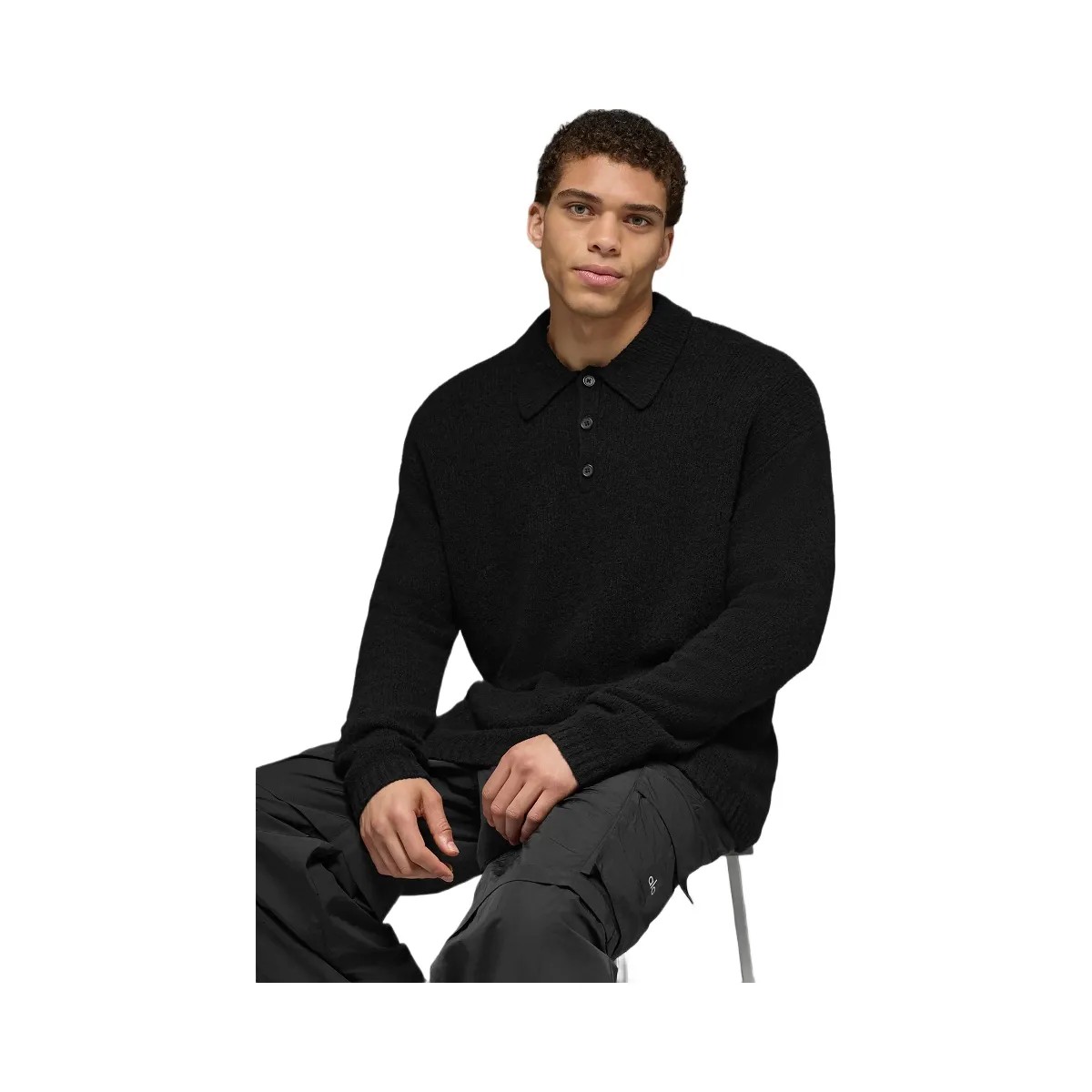 Alo Men's Textured Knit Long Sleeve Polo - Black - HypeFly India View 5