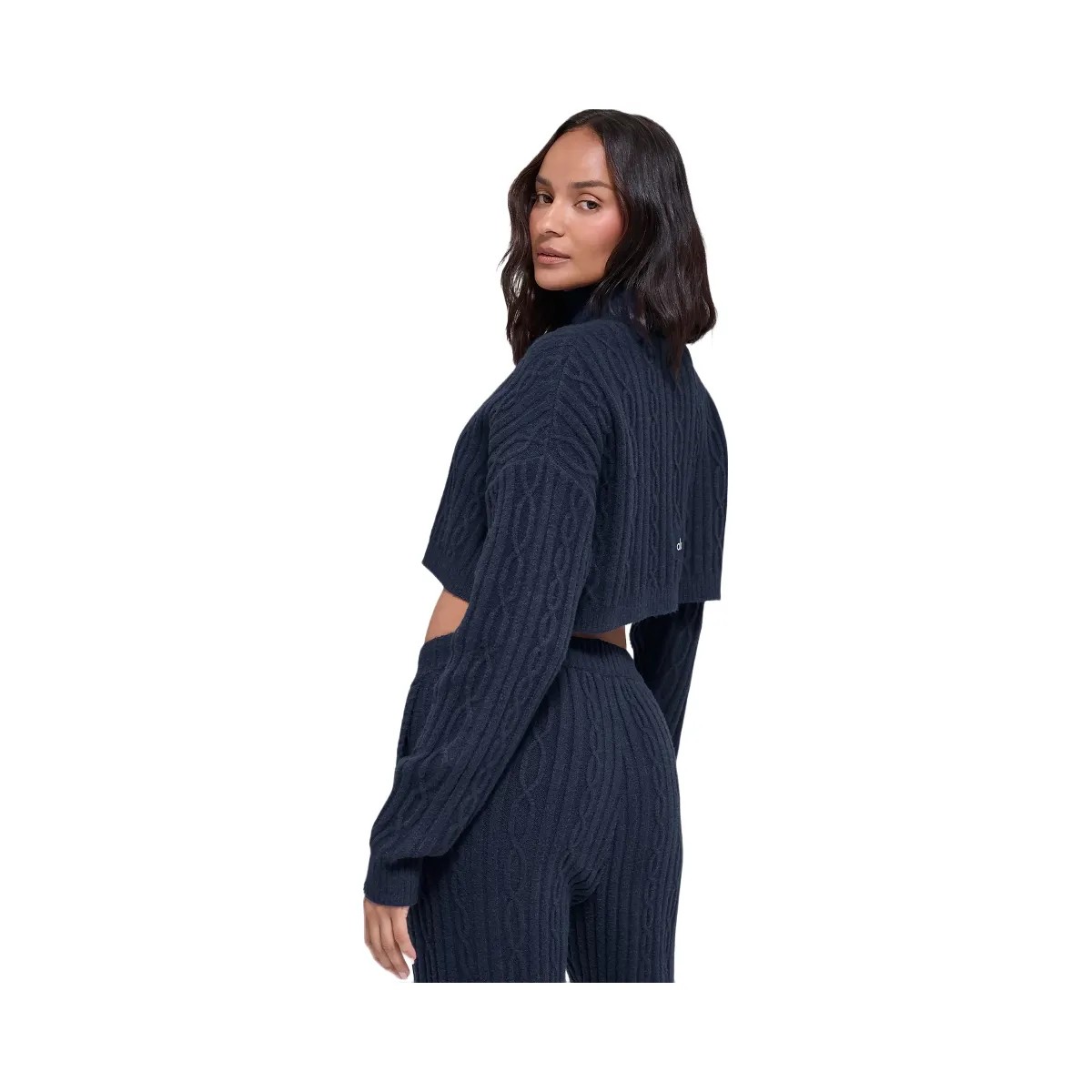 Alo Women's Cable Knit Cropped Winter Bliss Turtleneck Long Sleeve - Navy - HypeFly India View 4